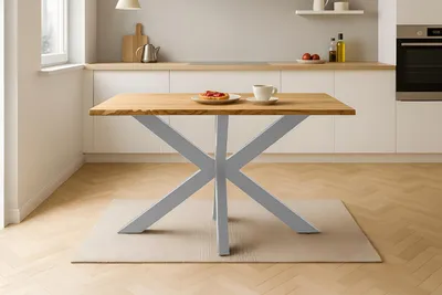 Produktbild von Esstisch 160x85 cm Baumkante Eichenholz massiv geölt Spider-Gestell silber SALVADOR