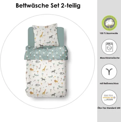 Produktbild von Kinderbettwäsche Set Afrika Safari Hell Blau 135x200 80x80 cm aus 100% Baumwolle mit Reißverschluss
