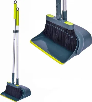 Immagine prodotto di Set per la pulizia con scopa e paletta Unyqoos®, con manico telescopico da 100–140 cm, in alluminio, setole in PET, testa girevole a 180° di 27 cm, leggero, colore verde – ideale per ingressi, uffici, cucine