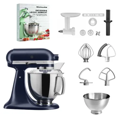 Produktbild von KitchenAid 4,8 L 5KSM175 Artisan Küchenmaschine Pastrylover mit Kunststofffleischwolf+Spritzgebäckvorsatz und Patisserie Buch Tintenblau