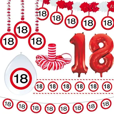 Produktbild von 18. Geburtstag Verkehrsschild Geburtstagsdeko Partyset Party Deko Set rot weiss Dekoration Zahl volljährig Frau Mann