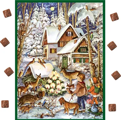 Produktbild von Adventskalender mit Schokolade – Nostalgisches Winterwald-Motiv mit Tieren (75 g)