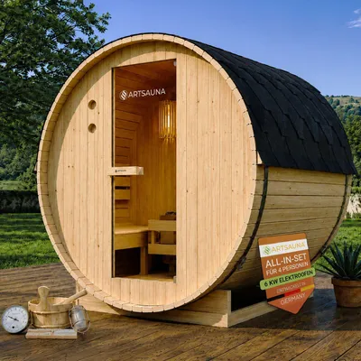 Produktbild von Artsauna Outdoor Fasssauna Spitzbergen 180 für 4 Personen - 6 kW Ofen & Zubehör