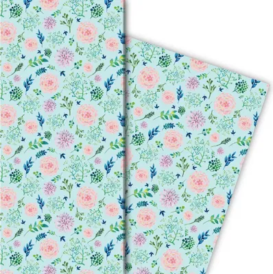 Produktbild von Wunderschönes Blüten Geschenkpapier mit einem Hauch von Sommer, blau grün - G5117, 32 x 48cm