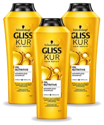 Imagen del producto de 3 champús nutritivos con aceite Gliss Kur para cabello quebradizo y dañado, 400 ml cada uno. Paquete de 3 unidades