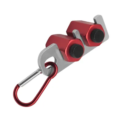 A product shot of a stair layout tool with a carabiner.