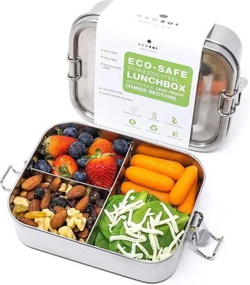 Obrázek produktu pro Tomivo® obědová krabička z nerezové oceli (3 přihrádky) – extra dlouhá, s těsněním z silikonu, bez BPA, objem 50 uncí (5–6 šálků), rozměry 5,5 x 8,25 x 2 palce, ekologická (zero-waste)