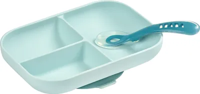 Produktbild von Geteilter Silikonteller + Löffel 2. Altersstufe - blau