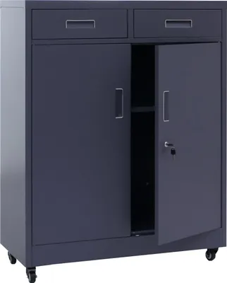A dark gray metal filing cabinet with two drawers on top and two doors below, one of which is open.