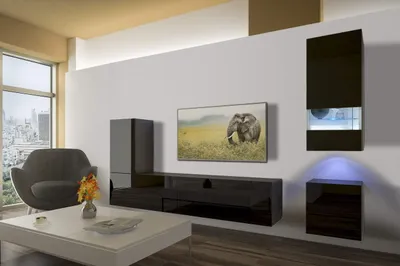 Produktbild von Furnitech Colmar N18 1A Modernes Wohnzimmer Wohnwände Wohnschränke Schrankwand Schwarz Weiß Hochglänzend (LED RGB (16 Farben), AN18-18B-HG1 1B)