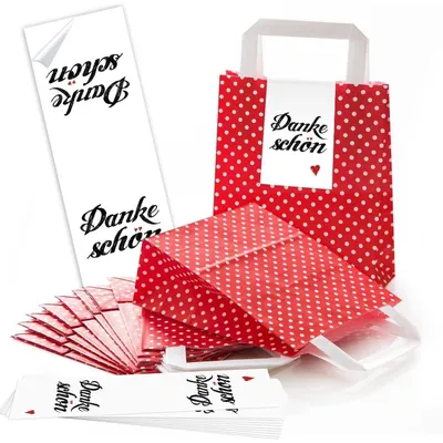 Produktbild von 10 kleine rote Papiertüten 18 x 8 x 22 cm Henkel + Boden + 10 schwarz weiße DANKE-SCHÖN Aufkleber - Verpackung Geschenktüten give-away Kunden Weihnachten Gastgeschenke Hochzeit Weihnachten HERZ25 Stück