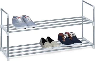 Produktbild von Relaxdays Schuhregal Stecksystem, 2 Ebenen, für 8 Paar Schuhe, HxBxT: 45 x 90 x 31 cm, Schuhständer Metall, silber/weiß