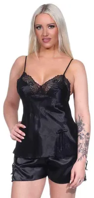 Produktbild von Damen Satin Nachtwäsche Pyjama Set Shorty Satin mit Spitze; Schwarz/M/38