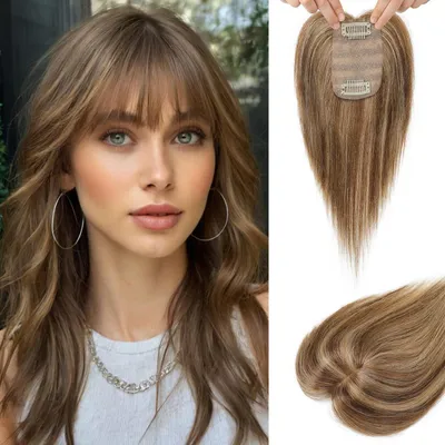Obrázok produktu pre Príčesok z prírodných vlasov pre ženy, 26 cm, spony na upevnenie, 100% prírodné vlasy, stredne hnedá farba s blond odtieňmi