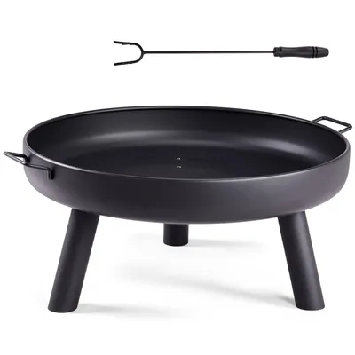 A black metal fire pit with three legs and a poker tool above it, presented on a white background.
