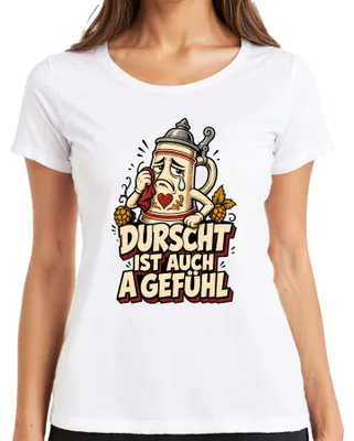 Obrázek produktu pro Durscht – tričko s motivem piva, bavorské kultury, kožených kalhot (Lederhosen) a tradičního ženského oděvu (Dirndl), bílé barvy, velikost M
