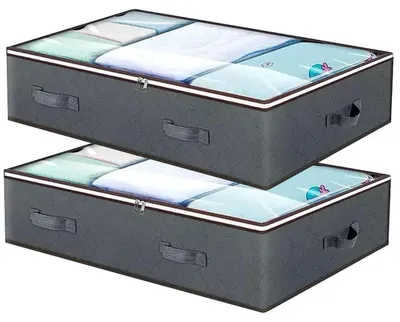 Produktbild von 2 Stück 90L Unterbettkommode mit Aufbewahrungstasche - Faltbare Unterbett Aufbewahrungsbox mit Sichtfenster, Griffen und Reißverschluss - Bett Aufbewahrungskisten 100x50x18cm (2 Stück)
