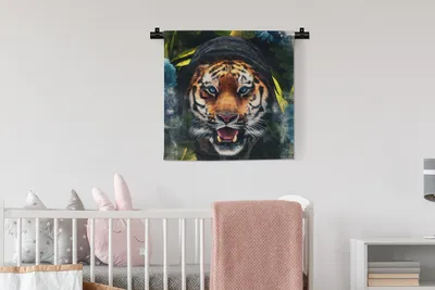 Produktbild von MuchoWow® Wandteppich Wandbehang Tiger - Blumen - Blau 60x60 cm Tapisserie Dekoration Wandtuch - Dekorationen - Wand Decke