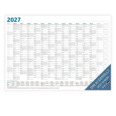 Produktbild von PuK XXL Wandkalender 2027 A1+ GEROLLT | 14 Monate mit Ferien und Feiertage | 89 x 63 cm DIN A1+ quer Jahresplaner | Kalender 2027 Jahreskalender,