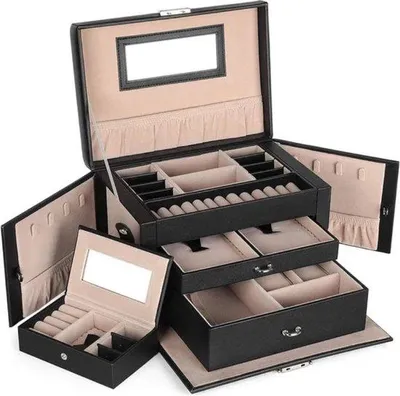 Produktbild von Famanu Schmuckbox mit 2 Schubladen - abschließbare Juwelenkiste mit Spiegel