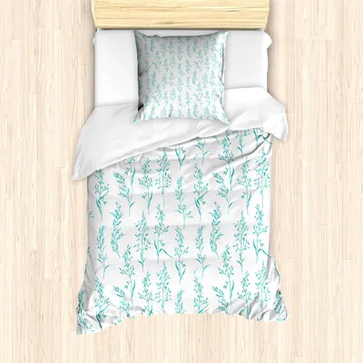 Produktbild von ABAKUHAUS Blumen Bettbezug Set, Florales Muster Moderate Essential Botanical Herbs Blumenpflanzen Fresh Twigs Thema, 135 x 200 cm + 80 x 80 cm, Creme Grün