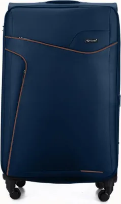 A navy blue suitcase with brown trim, shown from the front.