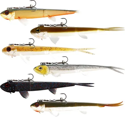A collection of six fishing lures, each shaped like a fish, arranged vertically against a white background.
