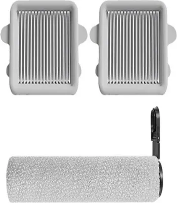 Two gray ribbed filters and a gray roller with a black clip are arranged against a white background.