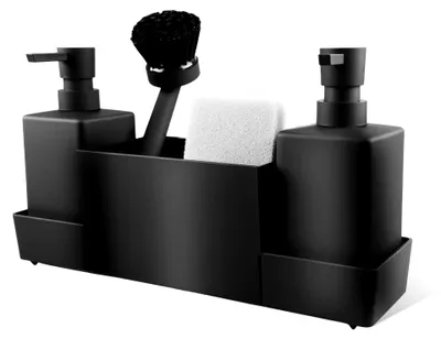 Produktbild von Spülbecken Organizer, Küchen Organizer Set aus Kunststoff mit Spülmittelspender, Bürste und Schwamm, Schwarz