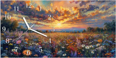 Produktbild von Wanduhr aus Glas mit Motiv Blumenwiese Sonnenuntergang- 60 x 30 cm - inkl. Aufhängesystem