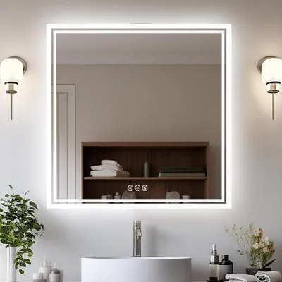 Produktbild von WISFOR LED Badspiegel 80x80 cm, Badezimmerspiegel mit Beleuchtung, dimmbar, 3 Lichtfarben, Antibeschlag, IP66