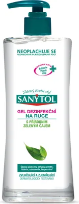 A bottle of SANYTOL hand disinfectant gel with green tea.