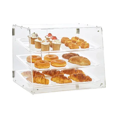Zdjęcie produktu dla 3-poziomowa witryna cukiernicza - Komercyjna witryna piekarnicza 526 x 360 x 415 mm - Akrylowa witryna z tylnymi drzwiami i wyjmowanymi półkami - Idealna na pączki, bajgle, ciasta i herbatniki.