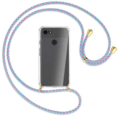 Produktbild von Handykette Backcover-Schutzhülle mit Band (Metall goldfarben) für Google Pixel 3 - pink/mint