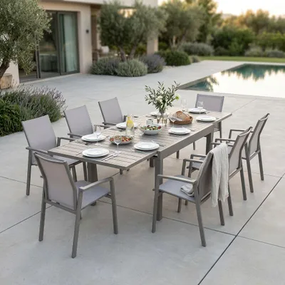 Immagine prodotto di Milani Home - Set tavolo e sedie da giardino per esterno in alluminio cm 135/270x90x75 h con 8 sedute colore Taupe - Taupe