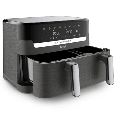 A digital product image of a dual-basket air fryer.