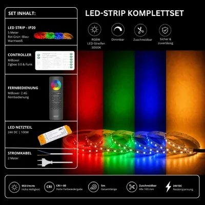 Produktbild von LED Streifen Set RGBW – SMD LED Streifen 24V, 60 LEDs/m, 4-in-1, 18 W/m, 953 lm/m, 5m, RGB + Warmweiß 3000K, CRI 80 – SS100 Netzteil, SZ5 Zigbee 3.0 Controller und C5 Fernbedienung Schwarz