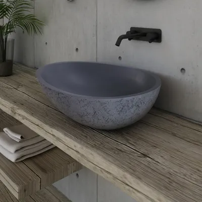 Produktbild von Aufsatzbecken VELA - Mineralguss - Beton-Optik - 60,5 x 43,5 x 16 cm, Ablaufgarnitur wählbar:Mit Ablaufgarnitur