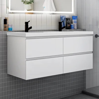 Produktbild von Badezimmermöbel 120cm CINIC-Serie Mineralguss Waschtisch mit Unterschrank Hängeschrank Badezimmerschränke mit 4 Schubladen Weiß Matt