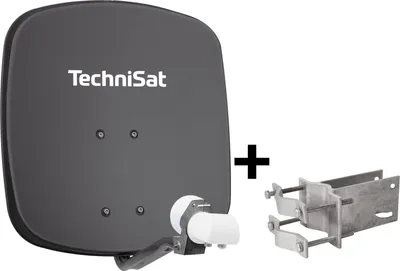 A satellite dish and its mounting bracket are shown against a white background.