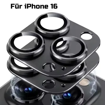 Close-up of camera lens protectors for an iPhone 16.