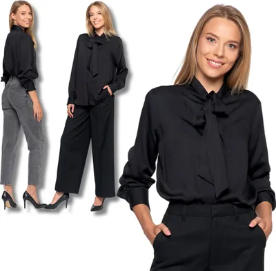 Three views of a woman wearing a black blouse with a bow tie neck and black pants or grey jeans.