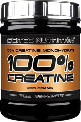 A black plastic container of Scitec Nutrition 100% Creatine Monohydrate powder.