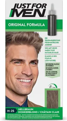 Obrázek produktu pro Just For Men Original Hair Colour H25 Dark Blonde - Tónování vlasů pro muže - Profesionální krytí šedin za 5 minut - 100% přirozený vzhled - Kryje až 8 týdnů - Bez amoniaku