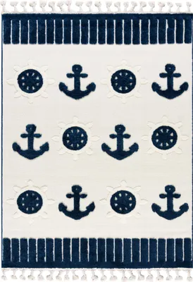 Produktbild von Mazovia Kinderteppich Spielteppich - Ankern und Steuerrädern Creme, Blau Marine Weicher Teppich für Kinderzimmer - Allergikerfreundlich, Fußbodenheizung geeignet - 120 cm x 170 cm