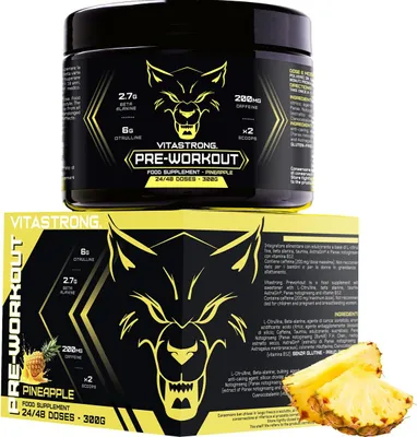 Immagine prodotto di Booster Pre Workout con Caffeina 300g, Pre Workout Vegano con Vitamina B12, Citrullina, Beta-Alanina, Caffeina in polvere, Taurina in polvere, AstraGin, Vitastrong Pre Workout (24 porzioni (1-pack), Ananas)