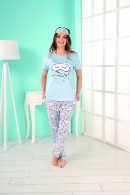 Produktbild von Damen Pyjama Schlafanzug Blau L 3-Teiler Set mit Augenband Kurz Baumwolle E-37