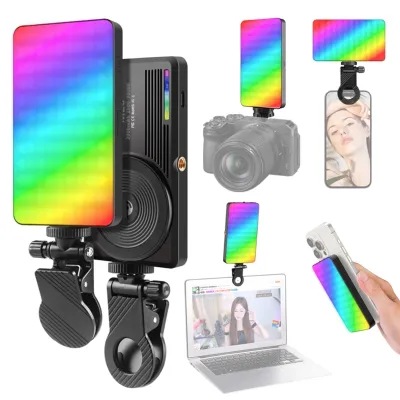 Obrázek produktu pro Magnetické RGB video světlo, kapesní LED výplňové světlo 2500 K šC 9000 K, stmívatelné, 22 světelných efektů, světlo pro videokonference pro počítač, tablet, mobilní telefon, DSLR kameru, vestavěná dobíjecí baterie s klipem a cold shoe adaptérem