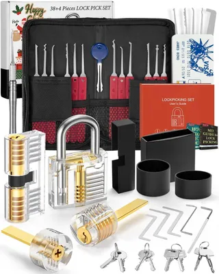 Imagen del producto de Kit de ganzúas de 38 piezas, que incluye 4 cerraduras de entrenamiento transparentes, ideal para principiantes y profesionales