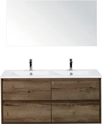 Produktbild von Sanox Badmöbel-Set Porto BxHxT 121 x 170 x 51 cm Frontfarbe tabacco mit Doppel-Waschtisch Keramik weiß, Spiegel und Wasc